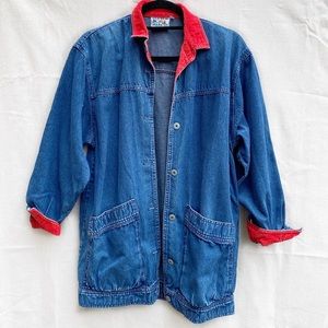 90s VTG Denim Jacket Red Corduroy Collar Cuffs L